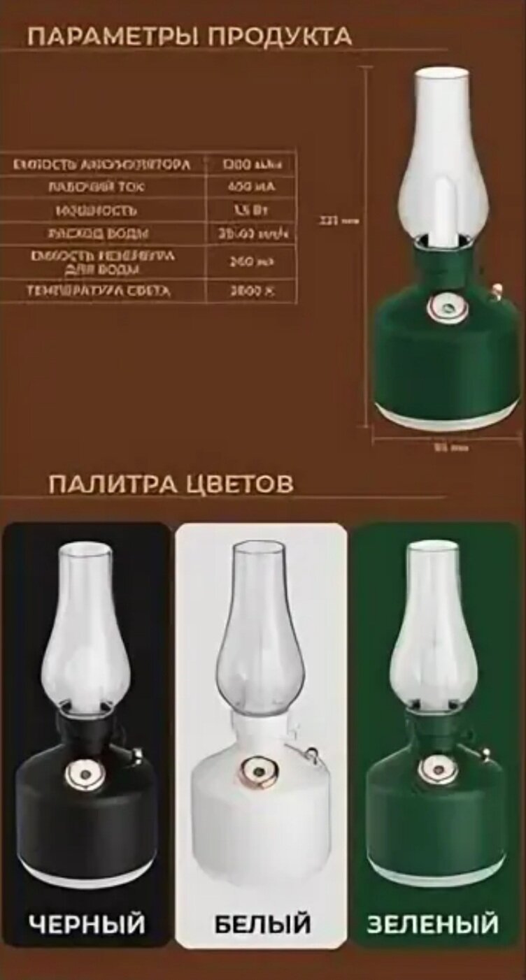 Ночник - увлажнитель воздуха 2в1 "Ретро лампа" Vintage Lamp Humidifier с подсветкой / Аромадиффузор беспроводной/ Белый - фотография № 3