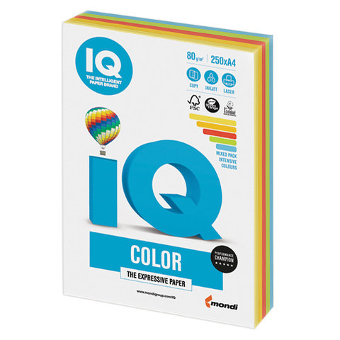 Бумага цветная IQ color А4 80 г/м2 250 л. (5 цветов x 50 листов) микс интенсив RB02
