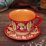 Шафран Чайная пара Риштанская Керамика 100мл (тарелка 10см чашка 7,5см) красная - изображение