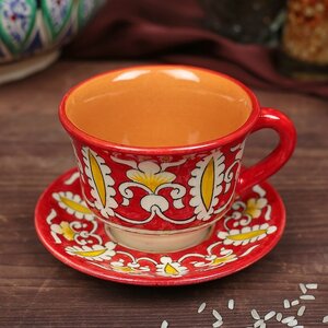 Фото Шафран Чайная пара Риштанская Керамика 100мл (тарелка 10см чашка 7,5см) красная