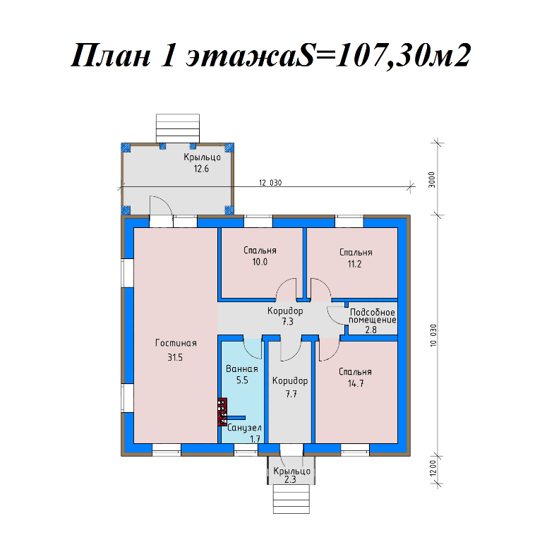 Проект жилого дома SD-proekt 11-0033 (107,3 м2, 12,03*10,03 м, газобетонный блок 375 мм, облицовочный кирпич) - фотография № 5