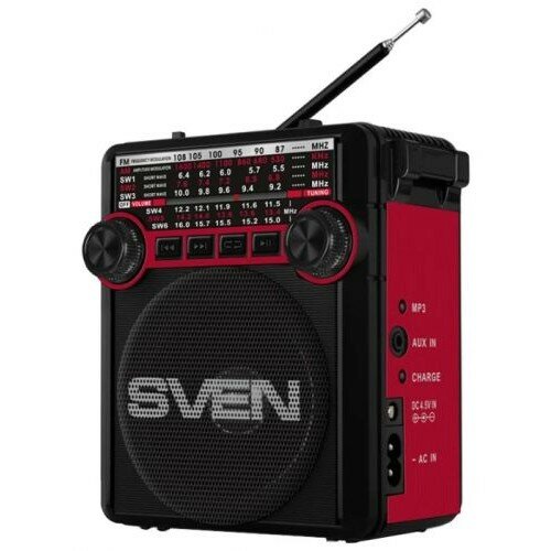 Sven Колонки SRP-355, красный, радиоприемник, мощность 3 Вт RMS , FM AM SW, USB, SD microSD, фонарь, встроенный аккумулятор