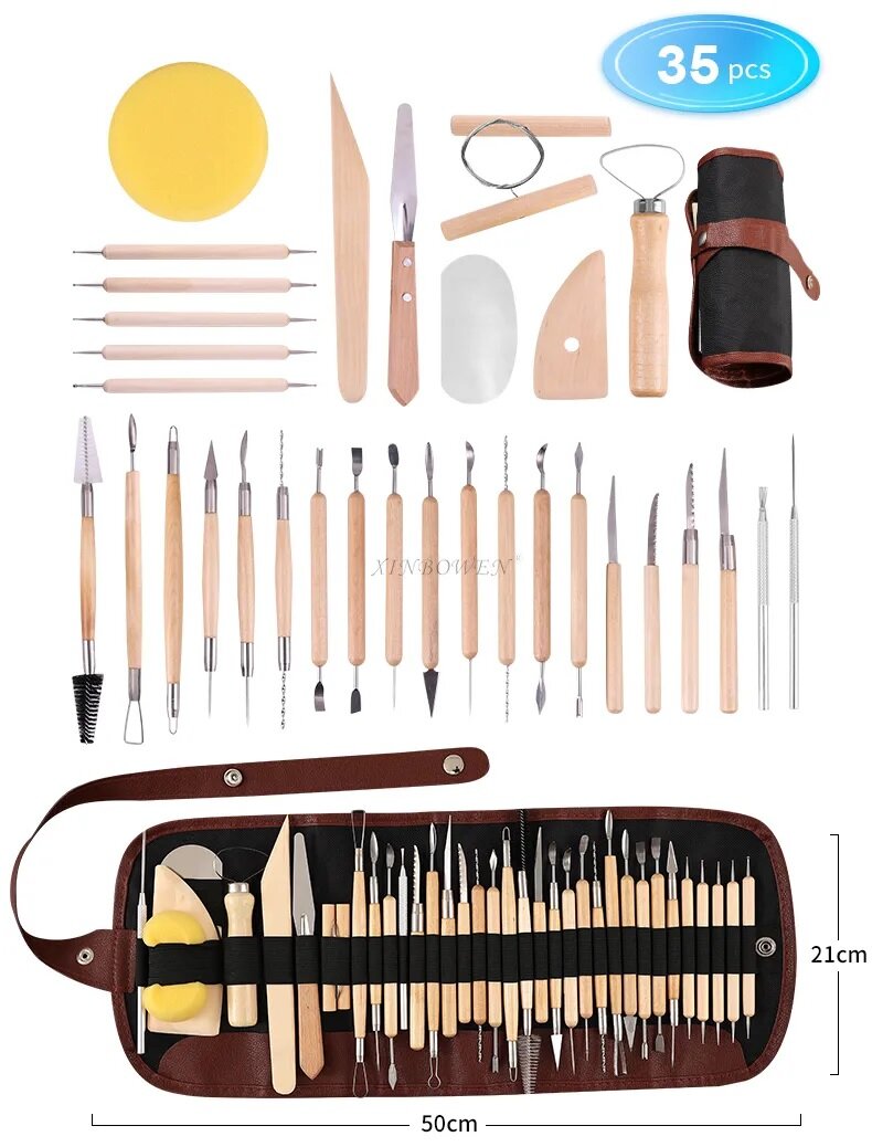 Набор инструментов для керамики Xin Bowen из 35 предметов, деревянная ручка, инструменты для резьбы по глине из нержавеющей стали - фотография № 1