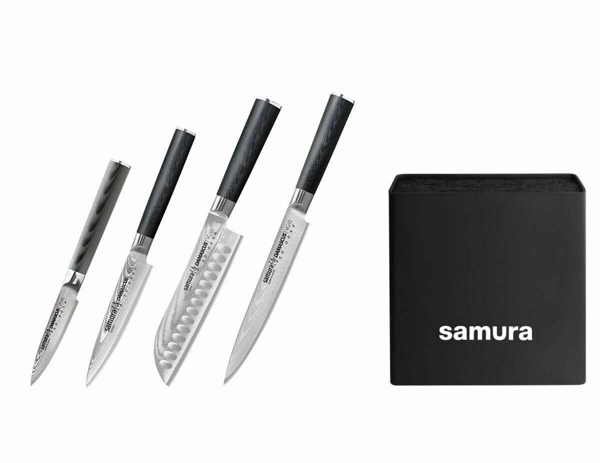 SD-0244,пукч набор из 4-х ножей, овощной, универсальный, сантоку, слайсер И подставки универсальной квадратной черной - фотография № 1