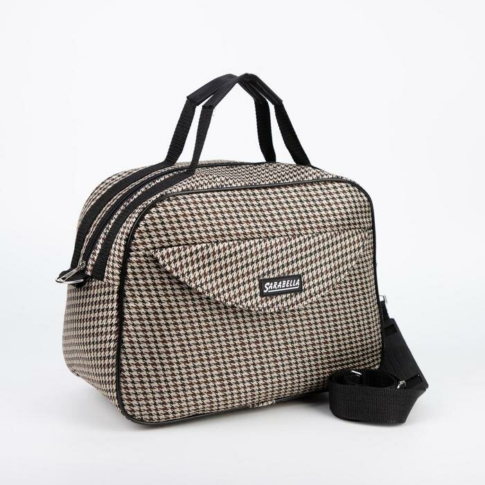 Сарабелла Сумка дорожная на молнии, наружный карман, длинный ремень, цвет чёрный/бежевый