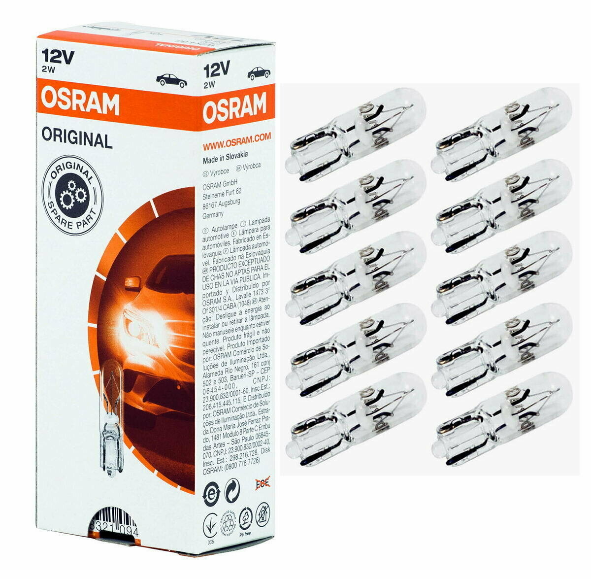 Лампа автомобильная Osram "Original Line" 12V 2W W2x4.6d 2722 10 шт