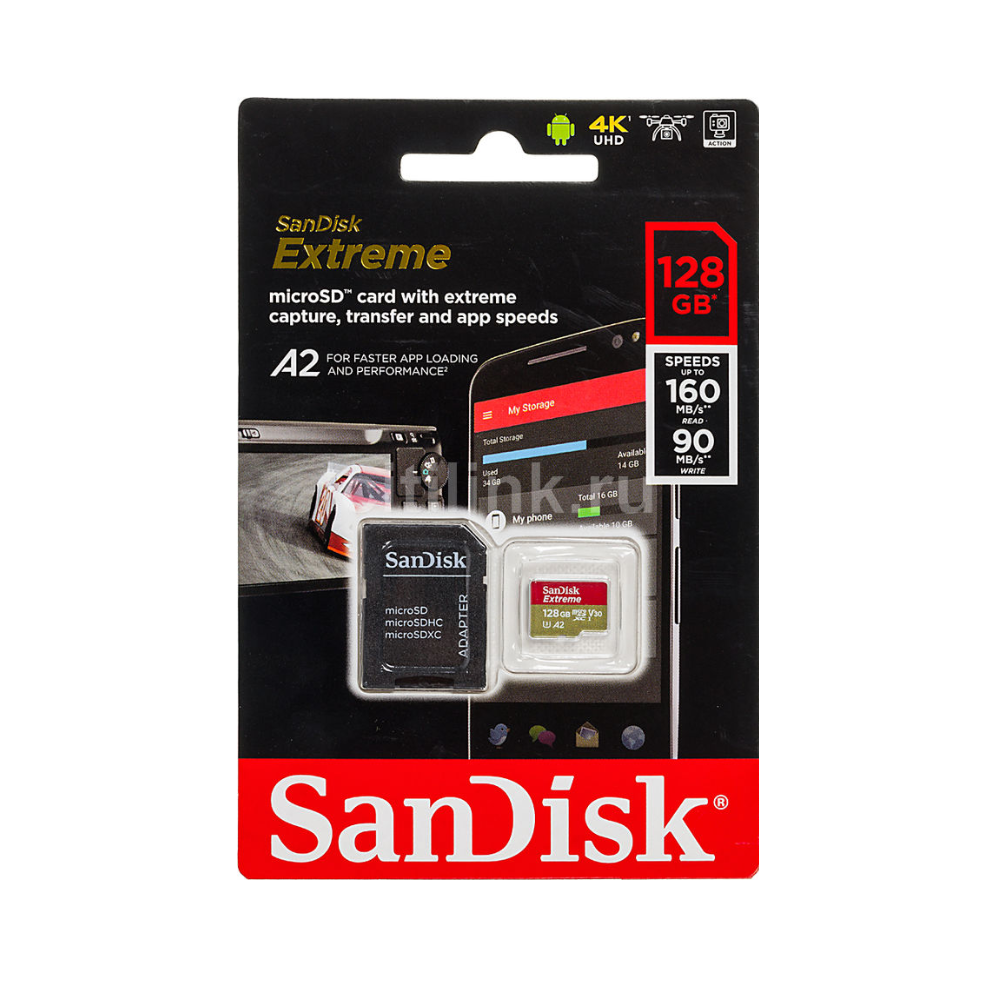 Карта памяти microSDXC UHS-I U3 Sandisk Extreme 128 ГБ, 160 МБ/с, Class 10 (SDSQXA1-128G-GN6MA)