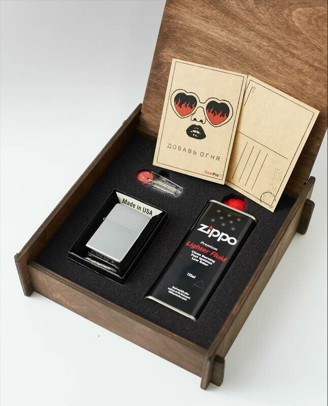 Подарочный набор оригинальная зажигалка Zippo 205 с топливом 125 мл + кремнии в деревянной коробке