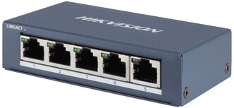 Видеорегистратор HikVision 5 RJ45 1000M (8й-Uplink порт); таблица MAC адресов на 2000 записей; пропускная способность 16Гб/с; 5VDC, 1A; 0 °C...+40°C.
