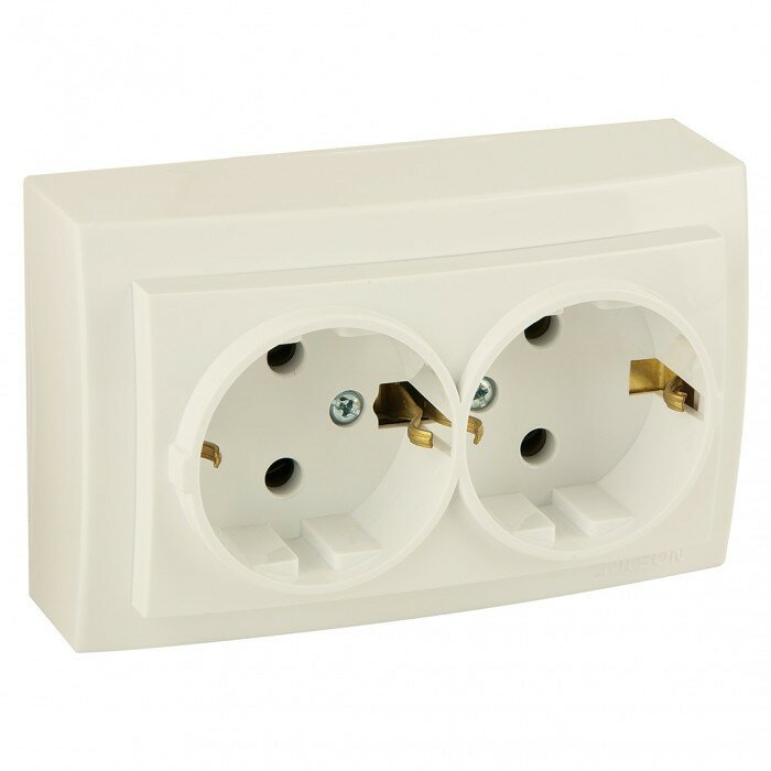 фото Розетка 2-ая, открытая проводка, с заземлением, крем Nilson Themis 26121025 (8 шт. в упак.)