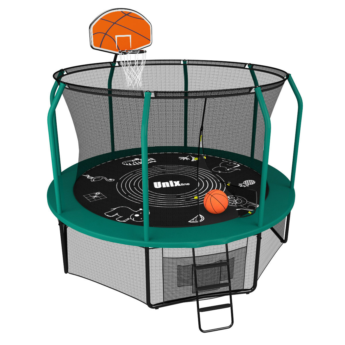 Батут с баскетбольным кольцом UNIX line SUPREME GAME 8 ft (green) + Basketball