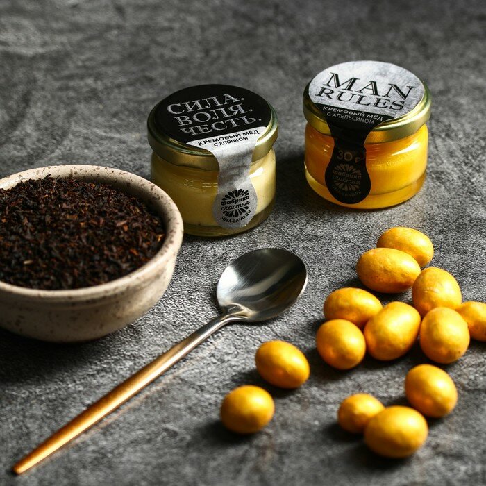 Набор Only for man: крем-мед с апельсином и хлопком, орехи в шоколадной глазури, чай чёрный, ложка - фотография № 2