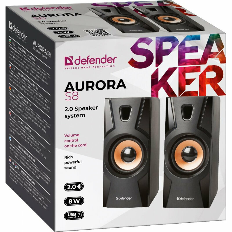 Колонки Defender Aurora S8, 2×4W, питание от USB. черный