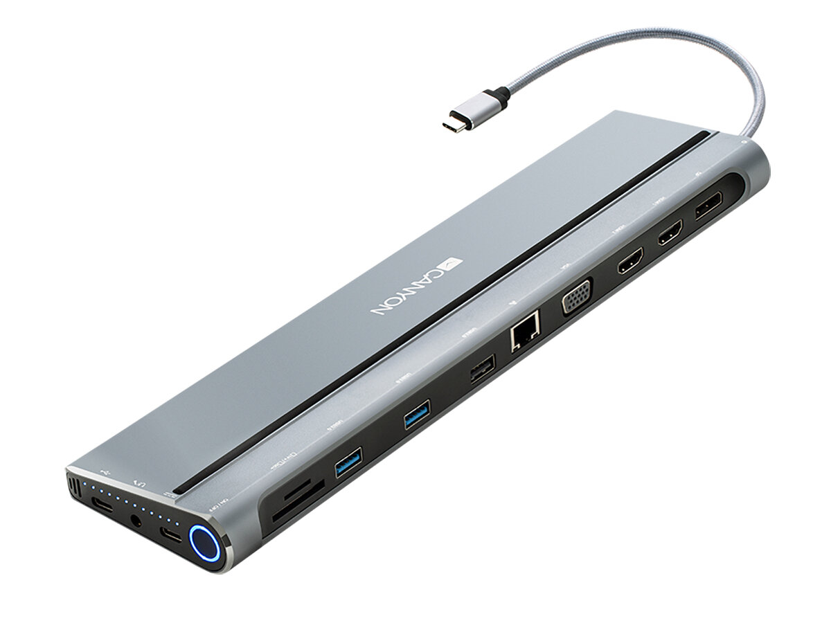 Док-станция Canyon DS-9 USB Type-C (USB 2.0, 2xUSB 3.0, 2xUSB Type-C, 2xHDMI, VGA, DP, RJ-45, SD, microSD, Mini jack), Серый CNS-HDS09B