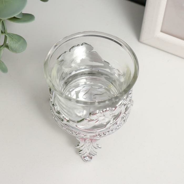 Подсвечник стекло, пластик на 1 свечу "Цветочек" серебро 6,5х6х6 см - фотография № 3