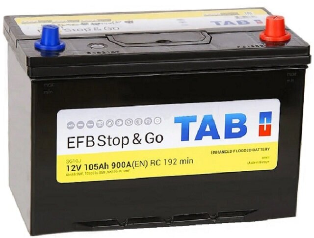 Аккумулятор автомобильный TAB EFB Stop&Go 105 А/ч 900 А обр. пол. Азия авто (306x173x225) 60518 с бортиком