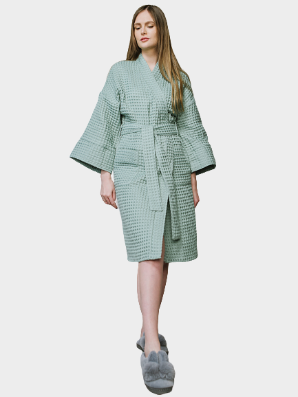 Вафельный халат ZUKI кимоно унисекс Зеленый - M (46-48) - фотография № 1