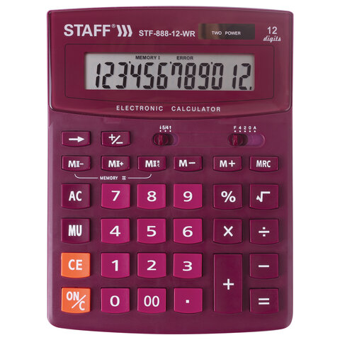 Калькулятор настольный STAFF STF-888-12-WR (200х150 мм) 12 разрядов двойное питание бордовый 250454