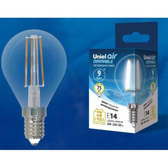 Светодиодная лампа Uniel LED-G45-9W/4000K/E14/CL/DIM GLA01TR диммируемая. Форма "шар", прозрачная. Серия Air. Белый свет (4000K). Картон.