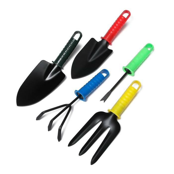 Набор садового инструмента, 5 предметов: 2 совка, рыхлитель, вилка, корнеудалитель, длина 27 см, пластиковые ручки, цвет микс - фотография № 2