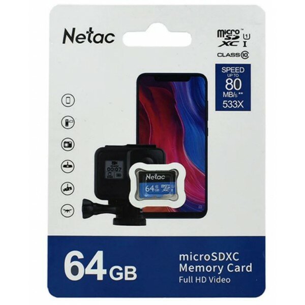 Флеш карта microSDHC 64GB Netac P500 (NT02P500STN-064G-S) (без SD адаптера) 80MB/s