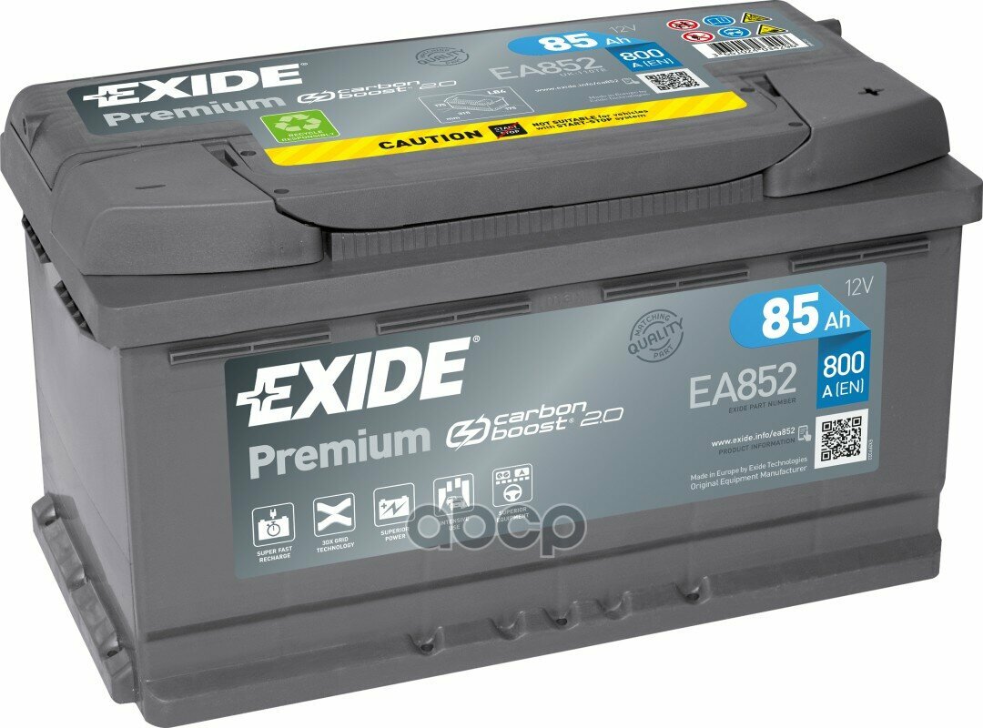 Exide Ea852 Premium_аккумуляторная Батарея! 19.5/17.9 Евро 85Ah 800A 315/175/175 Carbon Boost EXIDE арт. EA852