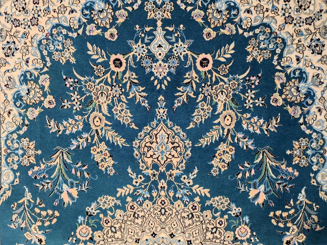 Персидский ковер ручной работы в комнату, голубой с бежевым, 2.30x1.60, Наин - фотография № 6