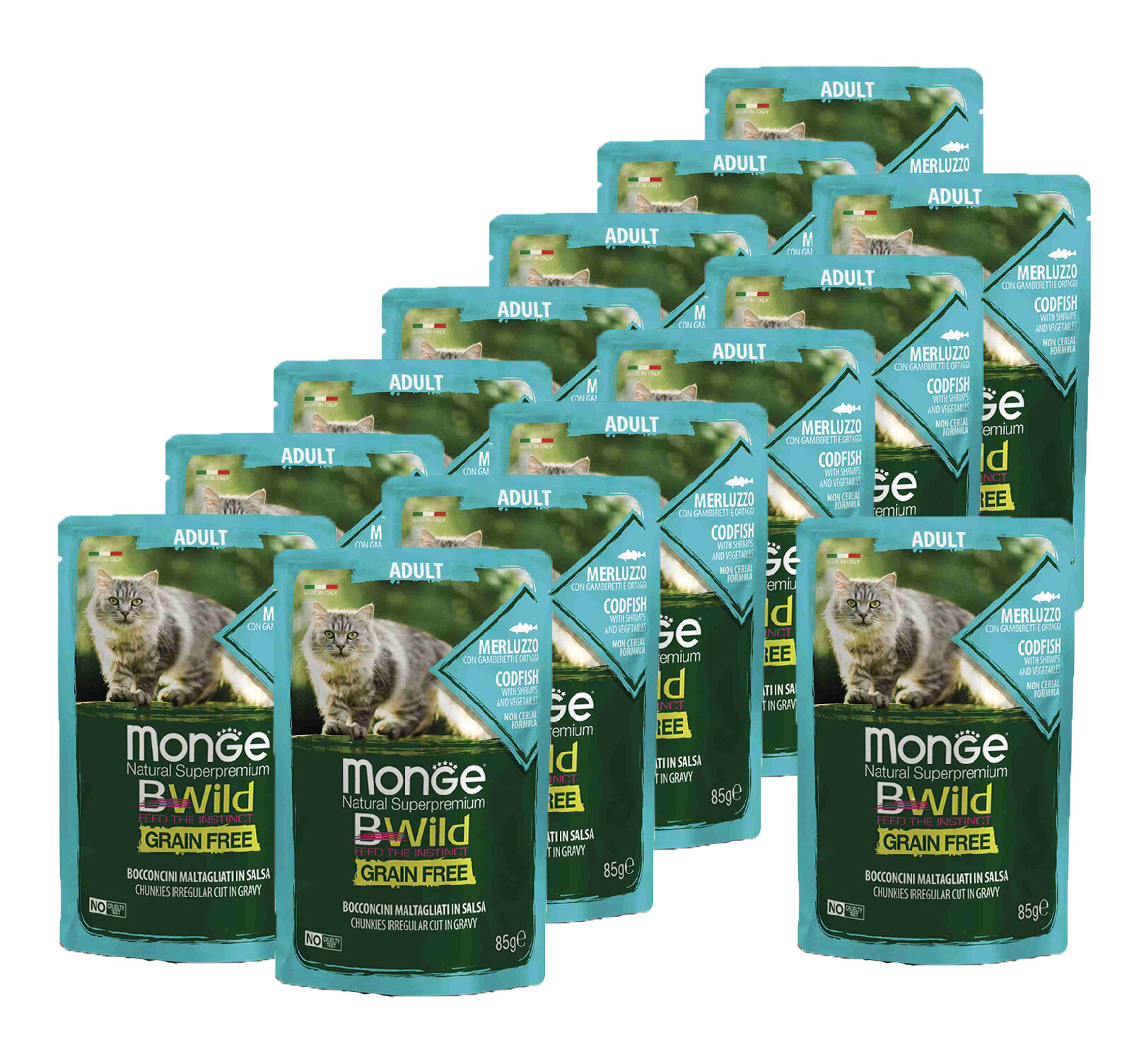 Monge Cat BWild GRAIN FREE паучи из трески с креветками и овощами для взрослых кошек 85г х 14 шт.