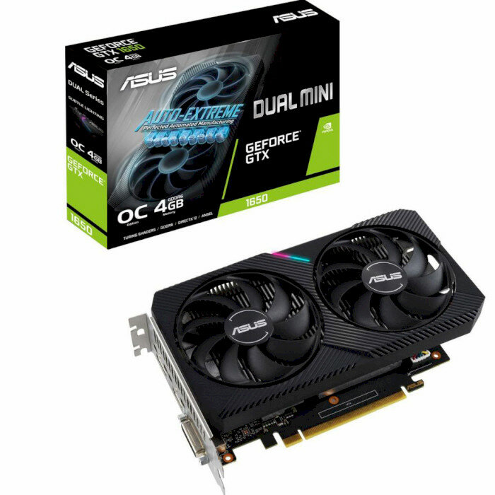 Видеокарта Asus PCI-E DUAL-GTX1650-O4GD6-MINI NVIDIA GeForce GTX 1650 4096Mb 128 GDDR6 1620/12000 МГц DVIx1/HDMIx1/DPx1/HDCP Ret