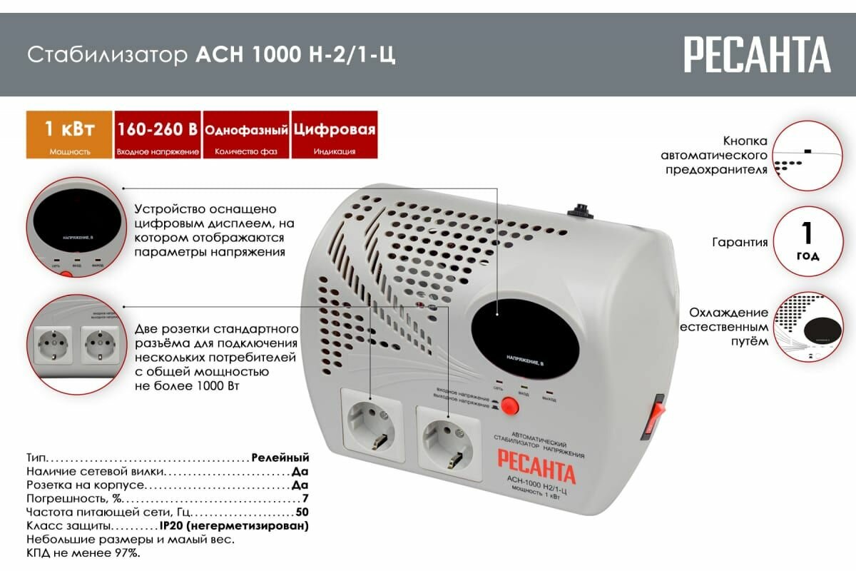 Стабилизатор напряжения Ресанта АСН 1000 Н2/1-Ц - фотография № 12