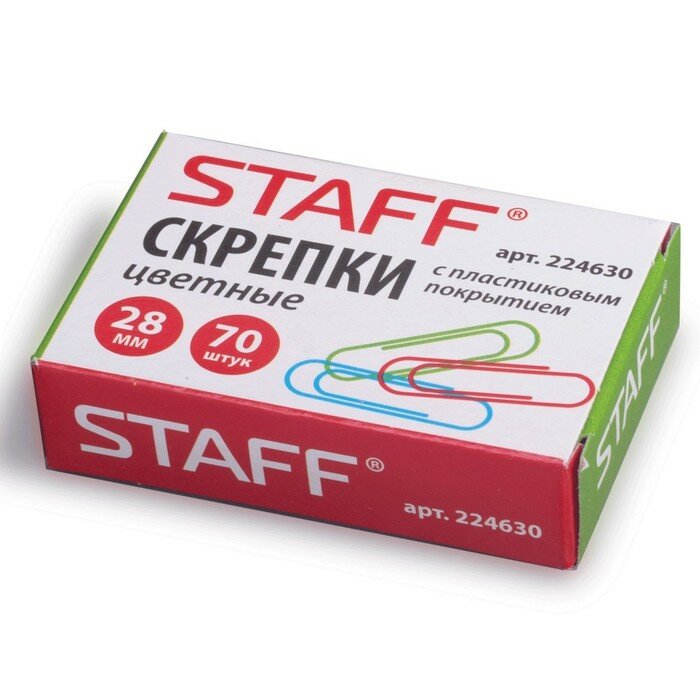 Staff Скрепки канцелярские 28 мм цветные, 70 шт, STAFF, картонная коробка