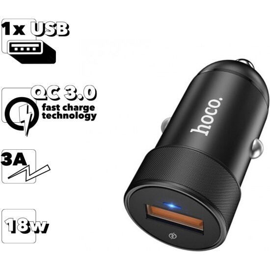 Автомобильное зарядное устройство HOCO Z32A Flash Power 1xUSB, QC 3.0, 4A, 18W, LED, черный