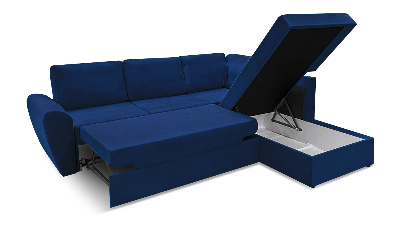 Диван кровать угловой раскладной Орхус, 240x221х71 см, механизм дельфин, НПБ, темно-синий велюр, правый - фотография № 6