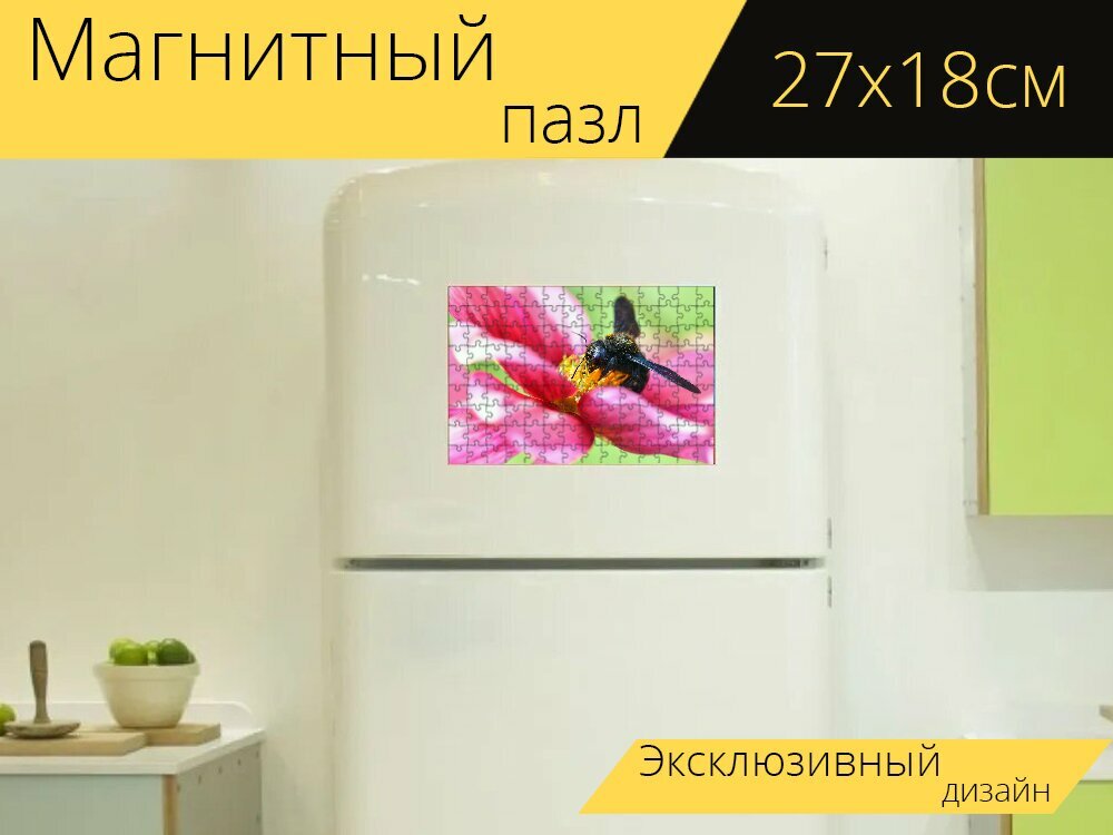 Магнитный пазл "Пчела, цветочная пыльца, опыление" на холодильник 27 x 18 см.