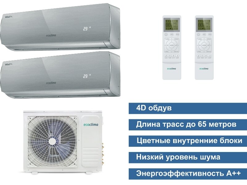 Мультисплит-система комплект на 2 комнаты Ecoclima СM3-H22/4DR2 CMWM-H12/4R2-S*2шт. (70м2) серый