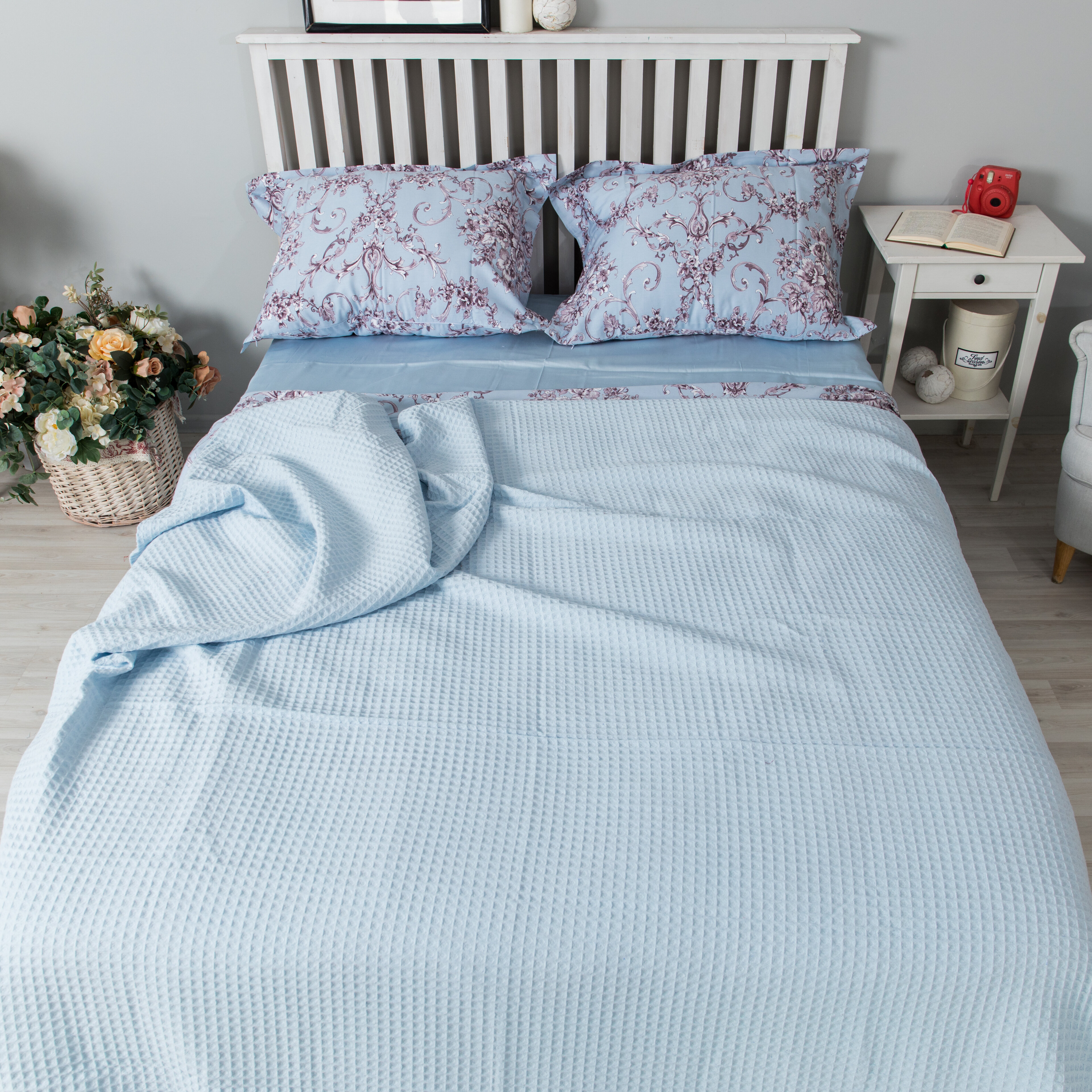 Плед вафельный oops_postel, покрывало для спальни, 100% хлопок, размер 220 см х 230 см, цвет: голубой, греческое плетение - фотография № 1