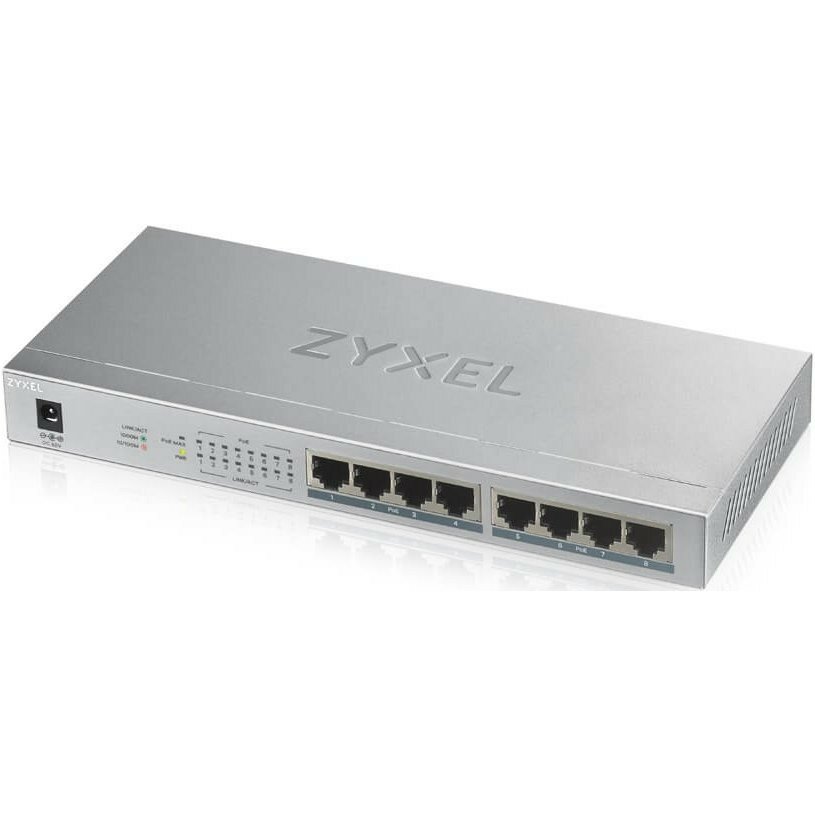 ZYXEL GS1008HP-EU0101F PoE+ коммутатор GS1008HP, 8xGE PoE+, настольный, металлический, бесшумный, бюджет PoE 60 Вт