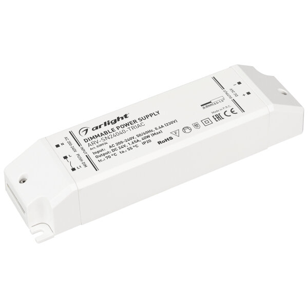 Блок питания ARV-SN24040-TRIAC (24V, 1.65A, 40W) (Arlight, IP20 Пластик, 3 года)