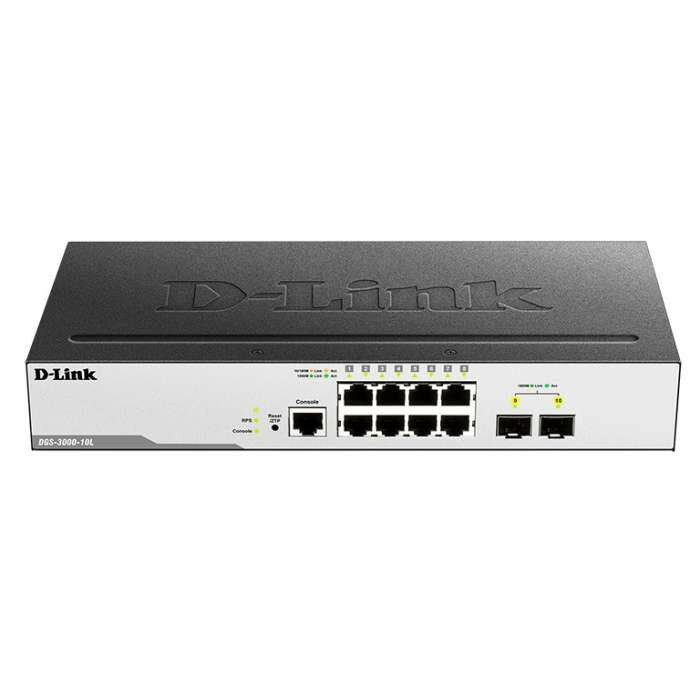 Коммутатор D-Link DGS-3000-10L/B1A, L2 Managed Switch with 8 10/100/1000Base-T ports and 2 1000Base-X SFP ports.16K Mac address, 802.3x Flow Control, 4K of 802.1Q VLAN, VLAN Trunking, 802.1p Priority Queues, Tr