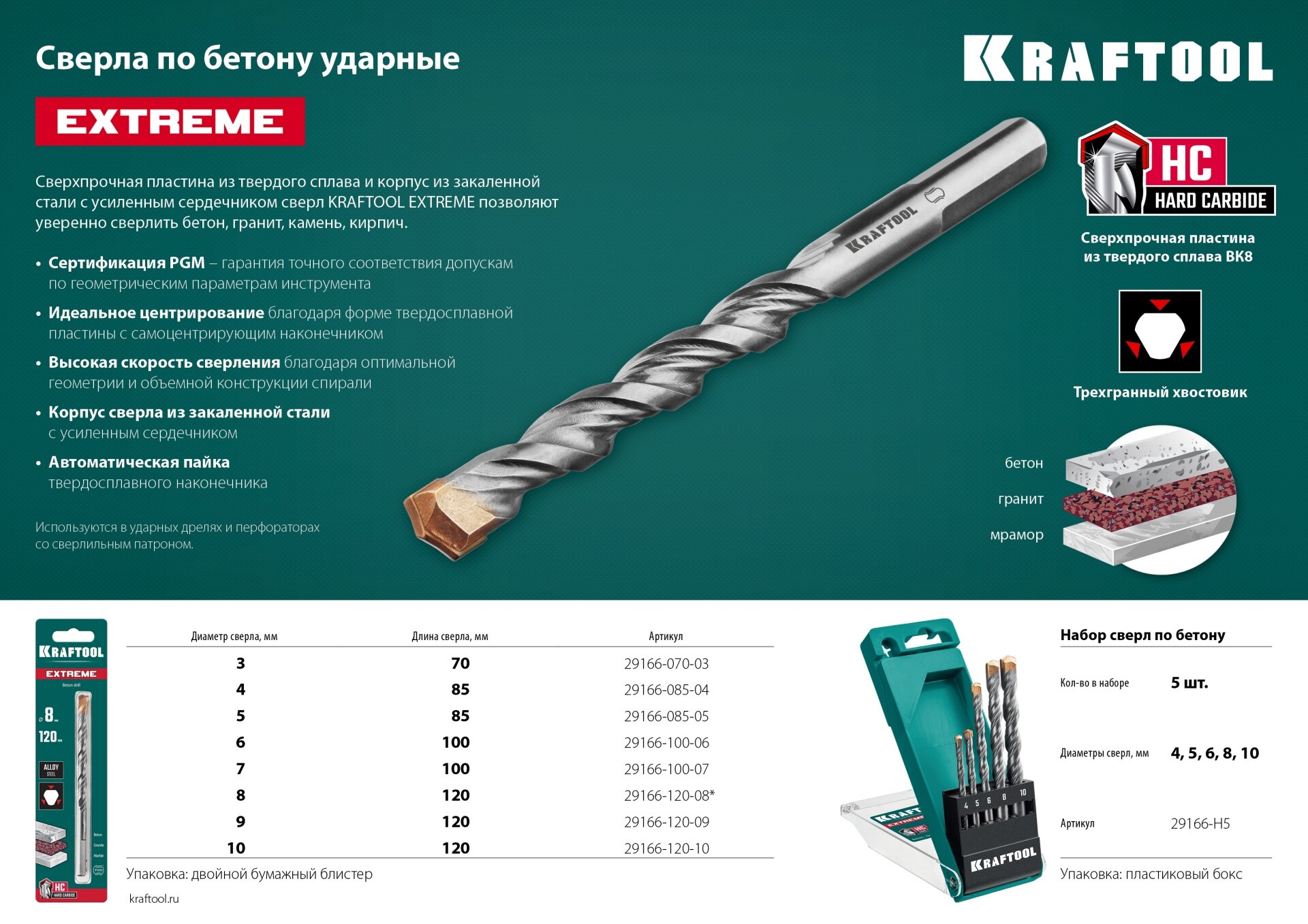 KRAFTOOL EXTREME 5 х 85 сверло по бетону цилиндр хвостовик