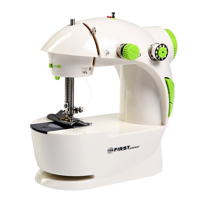 Швейная машинка FIRST FA-5700, 1 операция, полуавтомат, от батареек/сети, бело-зелёная - фотография № 1
