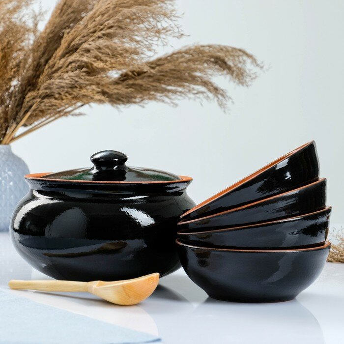 Набор посуды "Вятская керамика" 2,5л + 4х0,5л + ложка, черный - фотография № 1