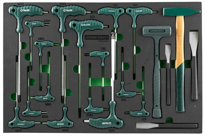 Набор угловых отверток (торцевых ключей), шестигранных и TORX®, молотков и зубил. 21 предмет в EVA ложементе 560х400 мм. Jonnesway H10121SV - фотография № 1