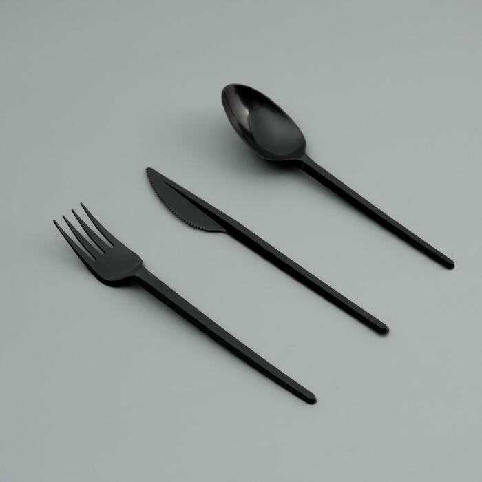 Набор одноразовой посуды 'Вилка, ложка, нож' черный цвет, 16,5 см (25 набор) - фотография № 1