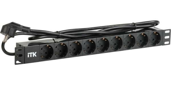 PH22-9D1 ITK PDU 9 розеток DIN49440 (нем. cтанд.) 1U, шнур 2м вилка DIN49441 (нем. станд.), алюминиевый профиль, черный IEK - фото №1