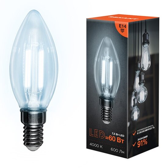 Лампа филаментная REXANT Свеча CN35, 7.5 Вт, 600 Лм, 4000K, E14 в прозрачной колбе