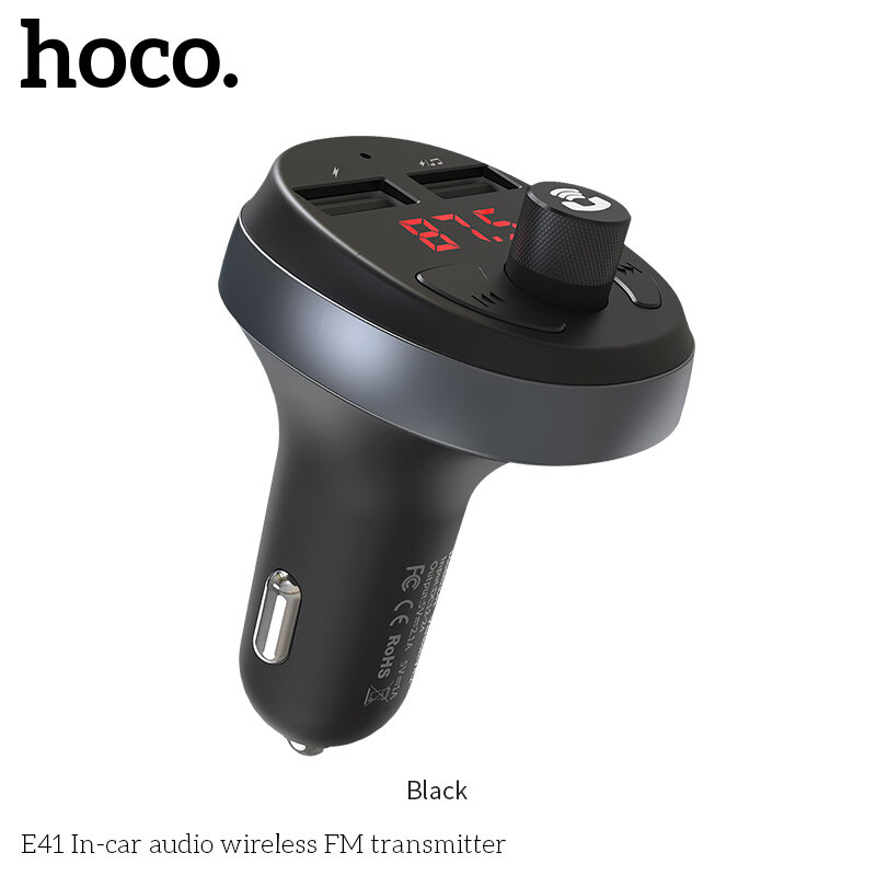 Автомобильное зарядное устройство HOCO E41, 2*USB + FM-трансмиттер, 2.1A, черный, дисплей