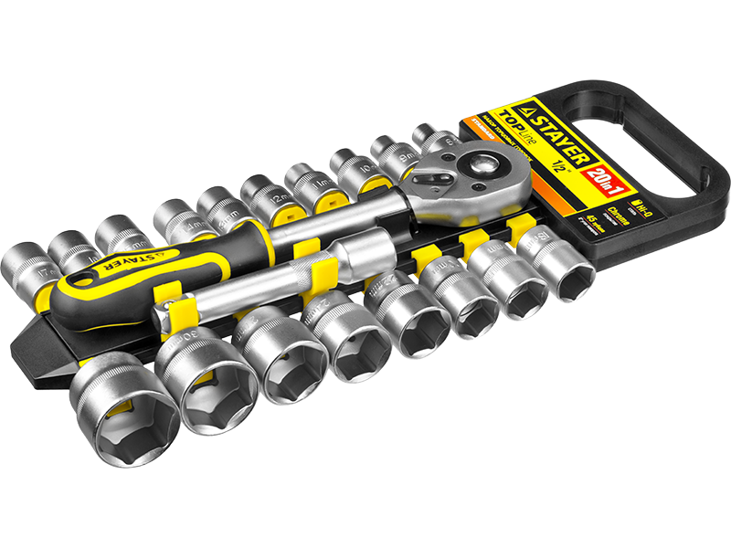 STAYER Набор STAYER "STANDARD": Торцовые головки (3/8") на пластиковом рельсе, трещотка, удлинитель, 6-24мм
