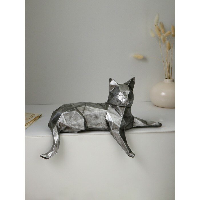 Садовая фигура "Кошка грациозная", полистоун, 26 см, серебро, 1 сорт, Иран - фотография № 1