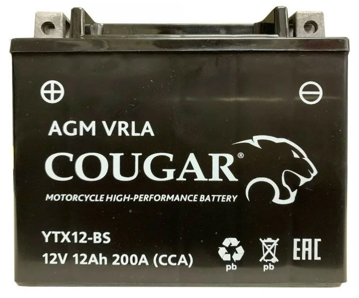 Аккумулятор мотоциклетный COUGAR AGM VRLA 12V12 YTX12-BS 150x87x130